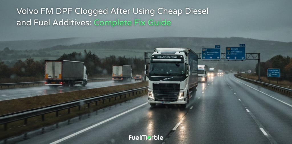 Volvo FM truck driving through heavy rain on a grey UK motorway, highlighting transport daily life.