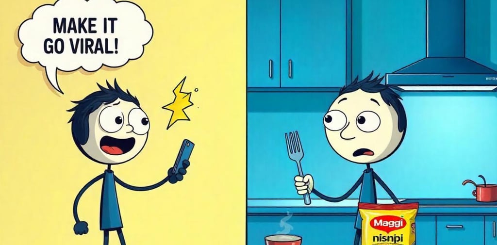 left saying things like “Make it go viral!” / right showing a bag of Maggi noodles and confusion.