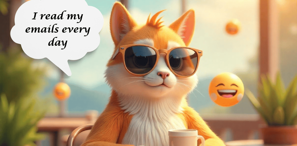 A cat sitting with sunglasses coffee, dialogue box with text - I read my email every day