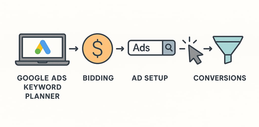five Google Ads steps: keyword planner, bidding, ad setup, clicks, and conversions with flat icons a