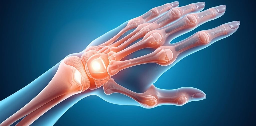 рентгеновское изображение кисти руки с подсвеченным лучезапястным суставом.