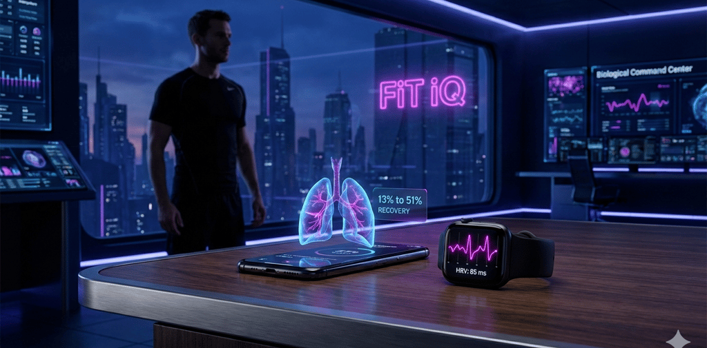 3D translucent blue hologram of human lungs, featuring a data tag that reads 13% to 51% RECOVERY.