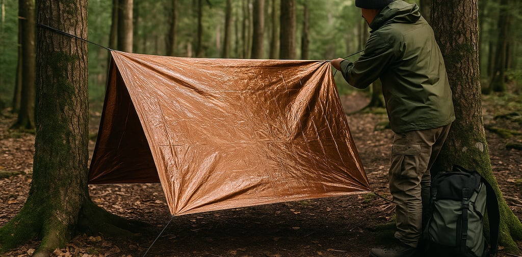 Setting up reflective emergency blanket as survival shelter