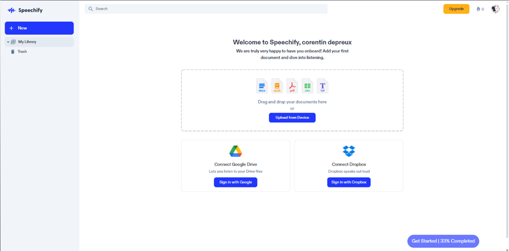 SPEECHIFY AI: Upon logging in, upload your text document on the homepage.