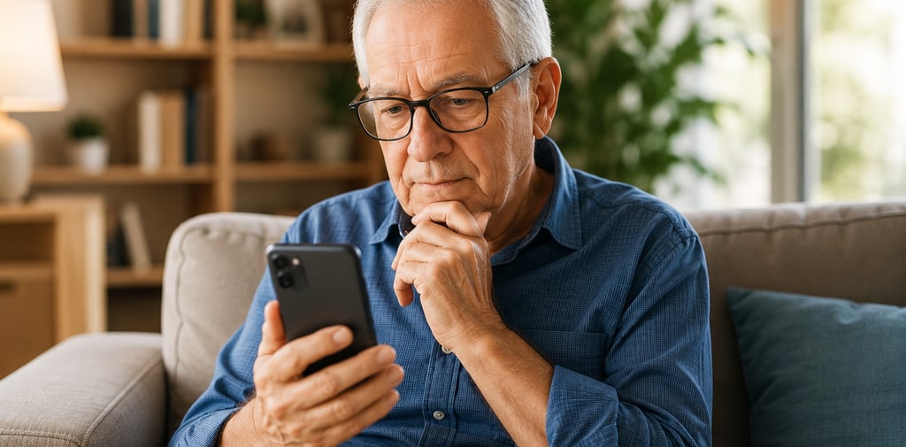 Idosa usando smartphone ilustrando os efeitos do uso excessivo do celular