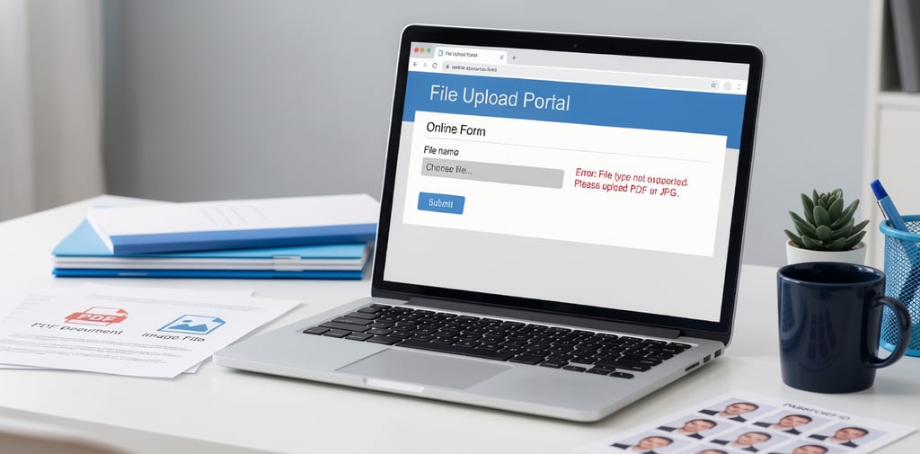 Laptop showing online form file upload errors with images, and documents prepared for submission