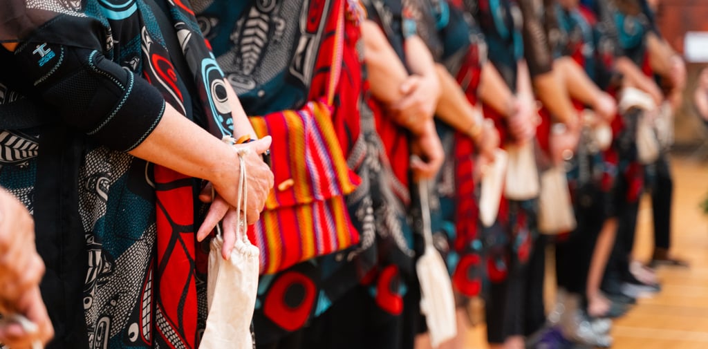 A line of people wearing traditional Indigenous Haida art clothing and carrying small medicine bags.