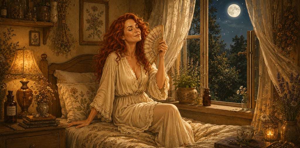 Red-haired woman in a nightgown sitting on a bed by a window under a full moon, using a hand fan.