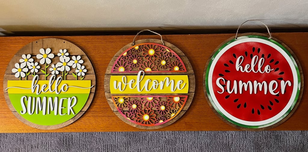 laser cut and colorfully painted wooden door or wall hangers