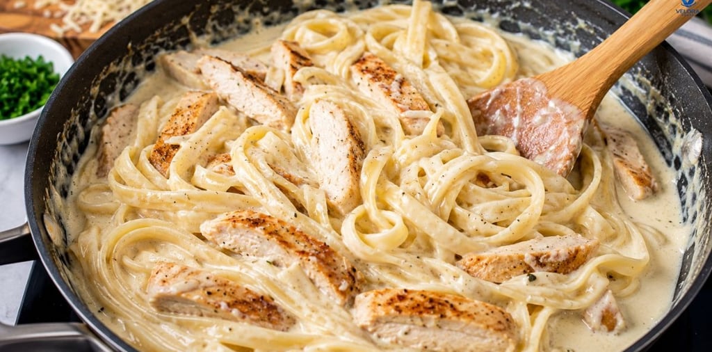Homemade Alfredo sauce being stirred in a skillet with sliced chicken and cooked fettuccine.