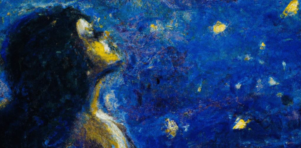 a painting of a woman looking to the stars in a blue dress