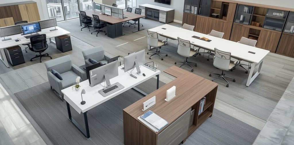 a large office with a desk and a computer