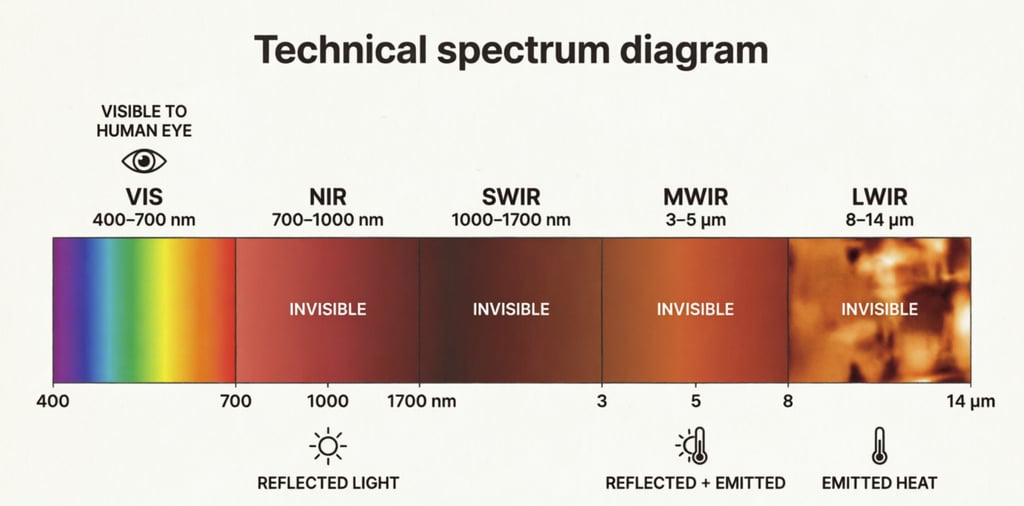 Technical spectrum diagram showing visible light (VIS) and invisible infrared wavelengths from NIR to LWIR.