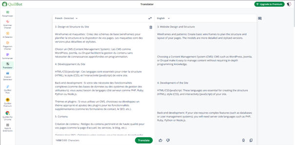 Quillbot: Translator Section: Translate your text into your chosen language.