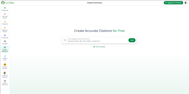 Quillbot : Citation Section: This tab enables you to create citations with a title, URL, or keywords