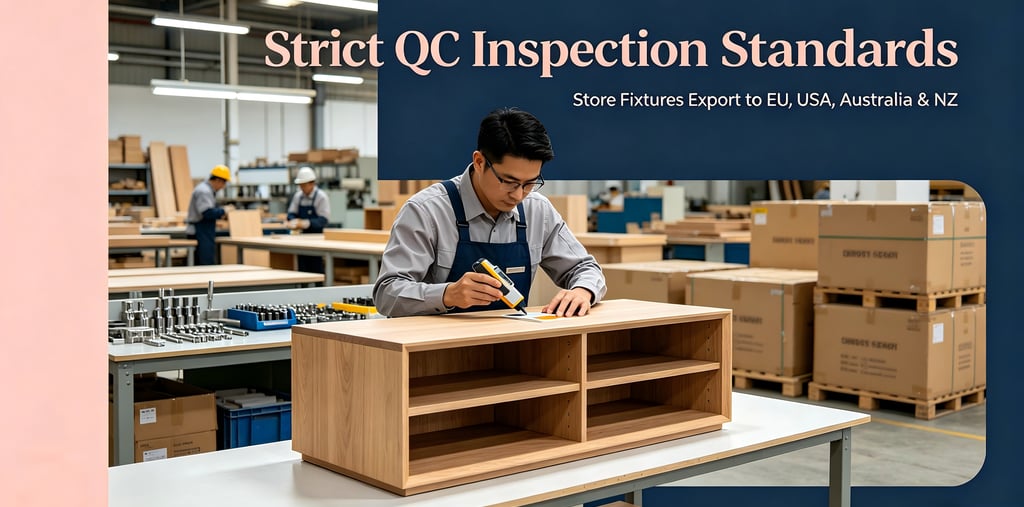 A worker performing strict QC inspection on wooden store fixtures for global export.