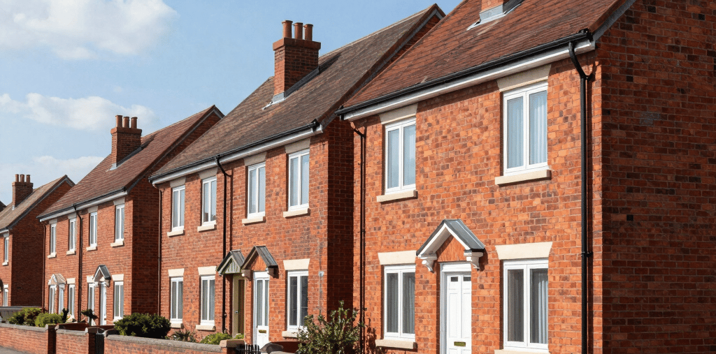 a row of red brick houses next to a road