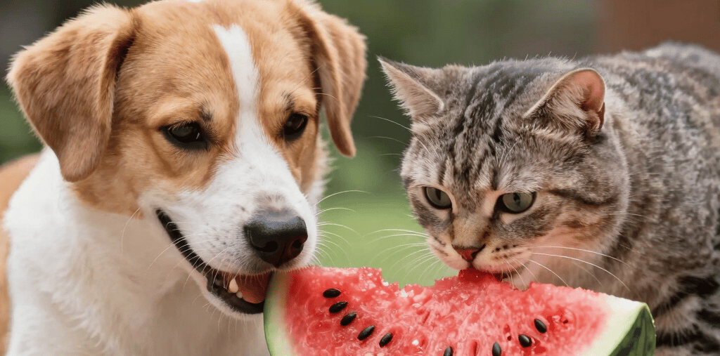 A joyful dog and a curious cat playing together in a sunny garden.