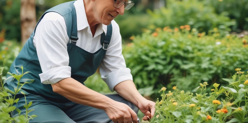 Elderly woman vacuuming a colorful living room floor.