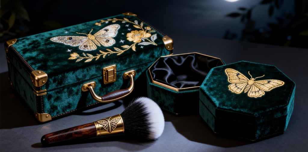 The "Midnight Garden" GWP set: a velvet trunk, makeup brush, and jewelry box.