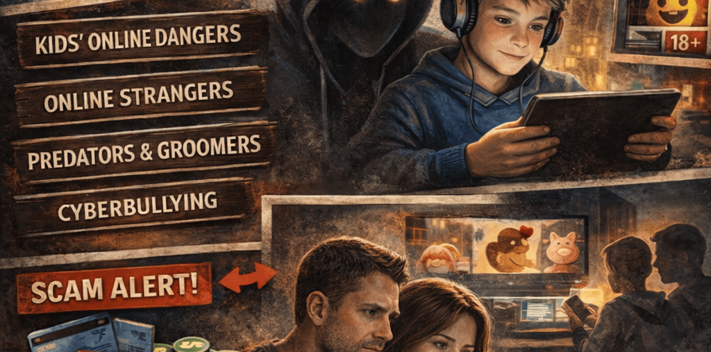 Oddfellow Investigations poster highlighting kids' online dangers like cyberbullying and predators.