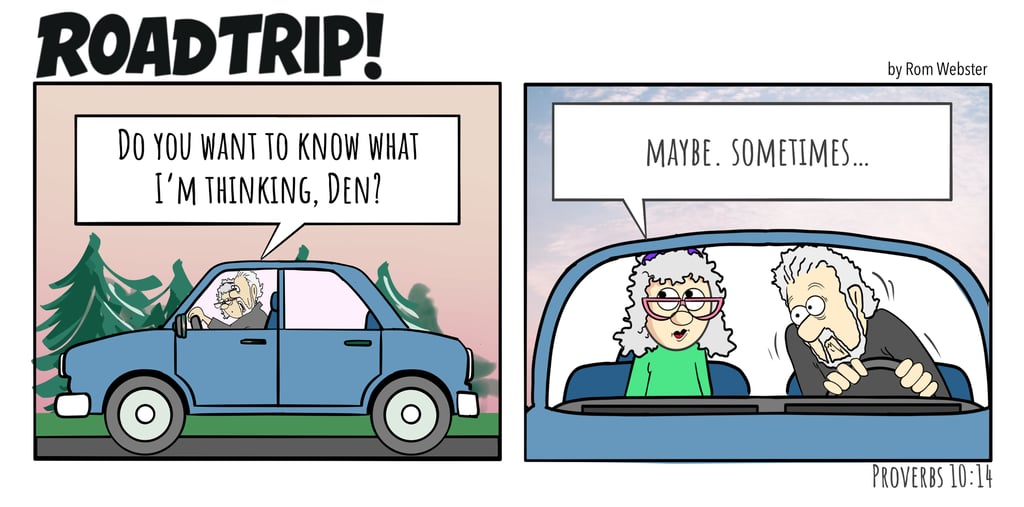A two-panel cartoon of an old couple on their way to mass from their country home.