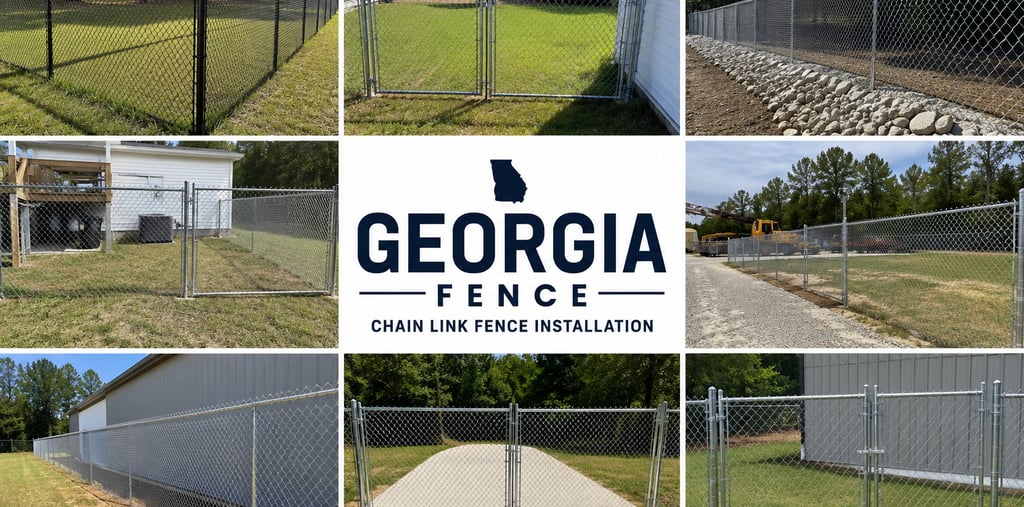 A collage showing professional residential and commercial chain link fence installations by Georgia Fence.