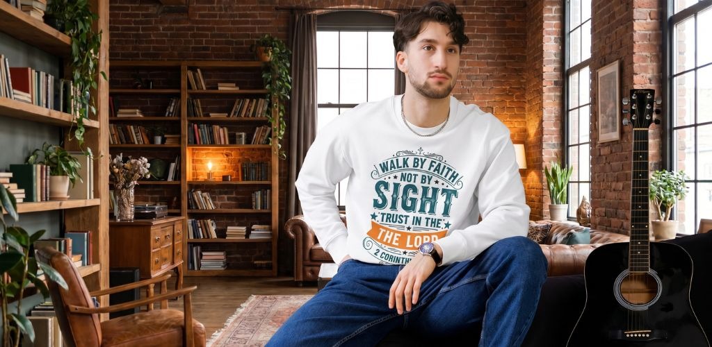 Walk by Faith Not by Sight Christian Sweatshirt – 2 Corinthians 5:7 Faith-Based Crewneck for Men & W
