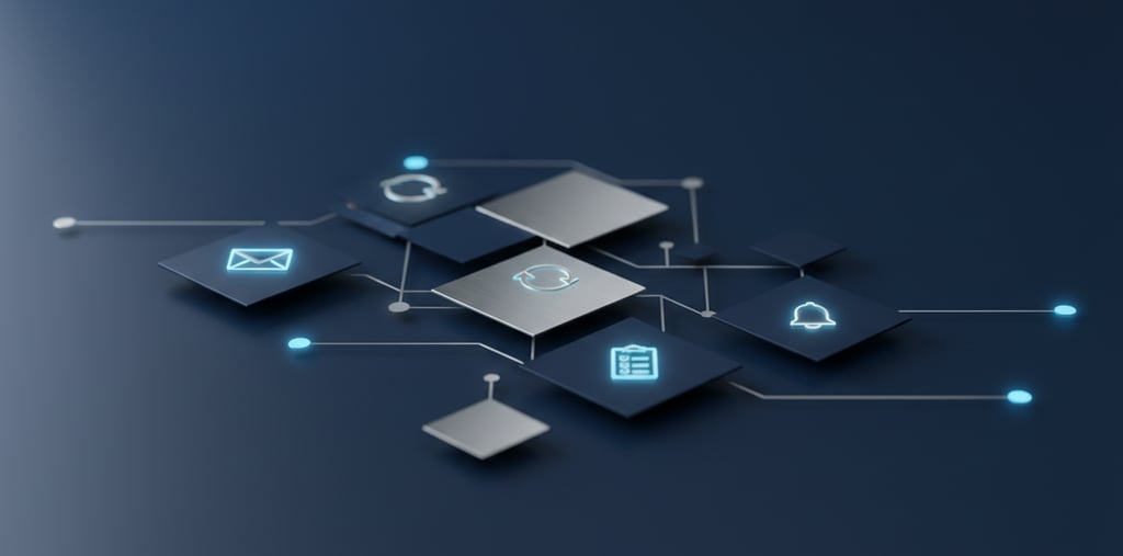 Minimal geometric image in navy, charcoal, silver, and blue with icons for email, automation, remind