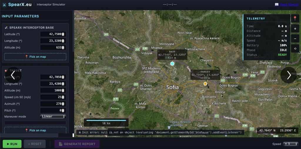 A screenshot of SpearX.eu Interceptor Simulator's user interface, displaying an interactive map of Sofia, Bulgaria, with