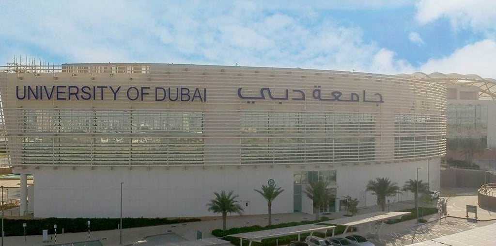 Modern exterior of the University of Dubai, highlighting the institution's commitment to academic
