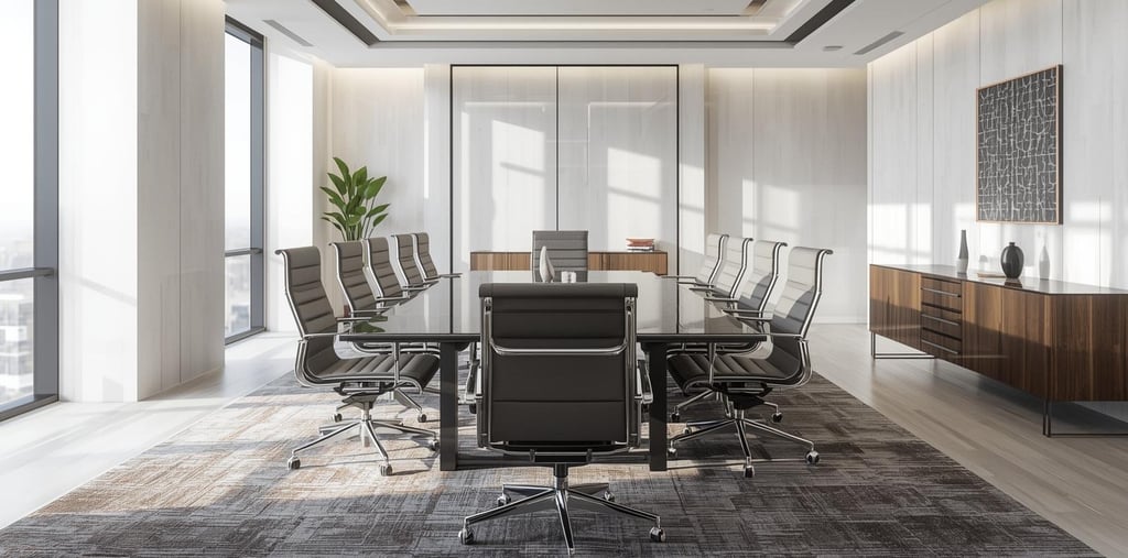 Modern luxury conference room featuring a large glass table and ergonomic leather chairs in a bright office.