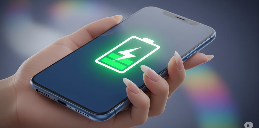 Uma mão segura um smartphone moderno e elegante com a tela exibindo um ícone de bateria verde e chei