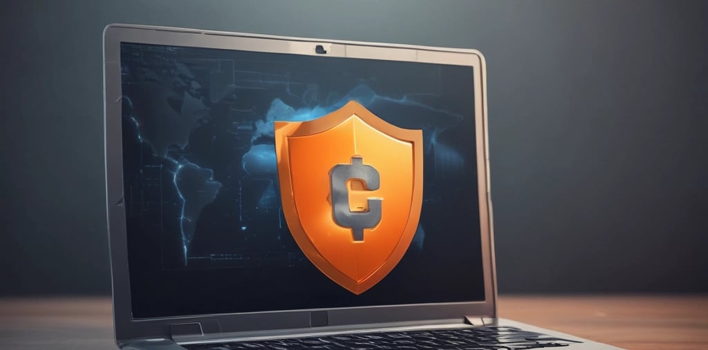 Ilustração digital de cibersegurança com um laptop exibindo um ícone de escudo laranja, simbolizando