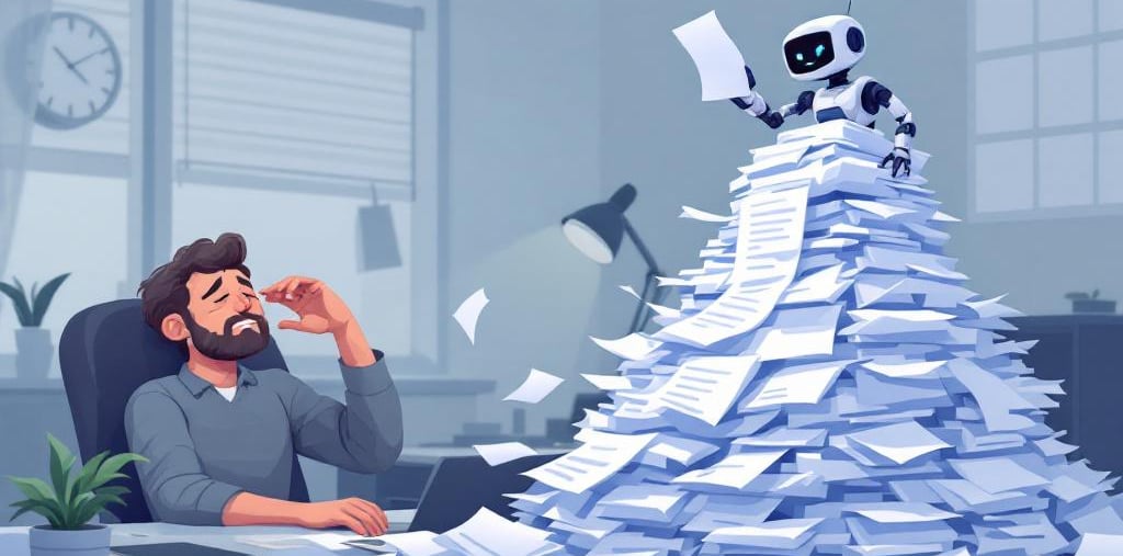 Un supervisor agotado, sepultado por papeles que un pequeño robot de IA no para de generar..