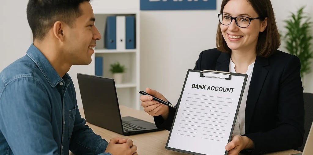a man and woman sitting at a desk with a clipboard in bank