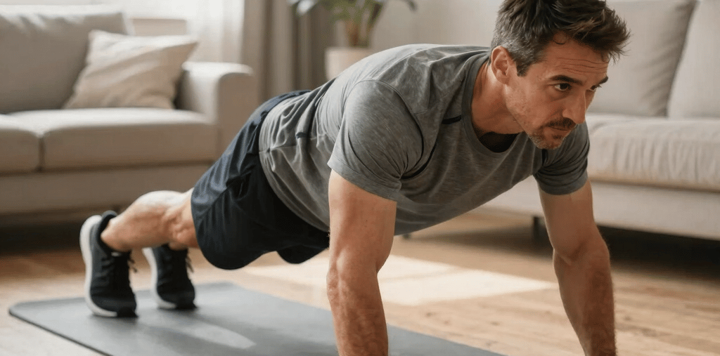 American man doing exercises to burn belly fat fast with doctor-guided GLP-1 weight loss support