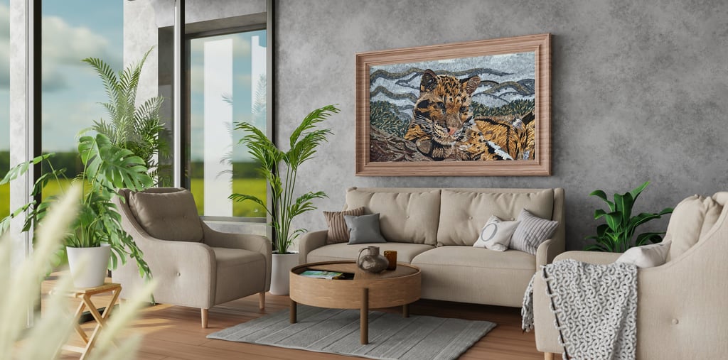Colourful mosaic wall art adds a vibrant touch to a modern living room with neutral decor