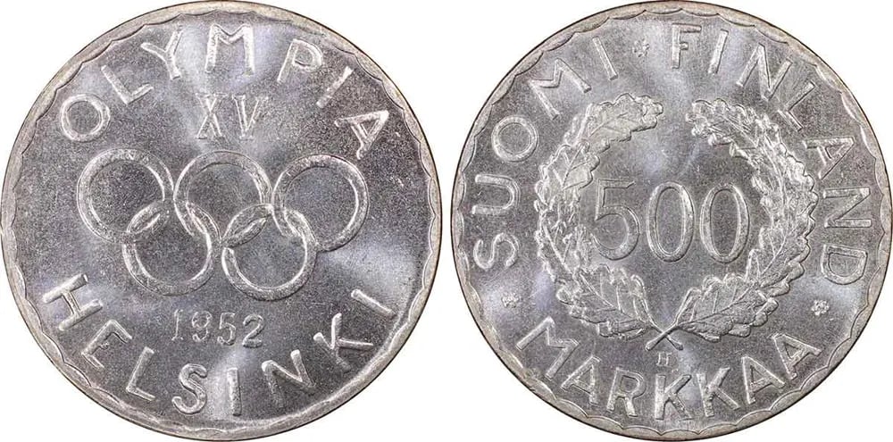 Helsingin 1952 olympiaraha – etusivulla olympiarenkaat ja kisojen tunnus, takasivulla seppele ja 500