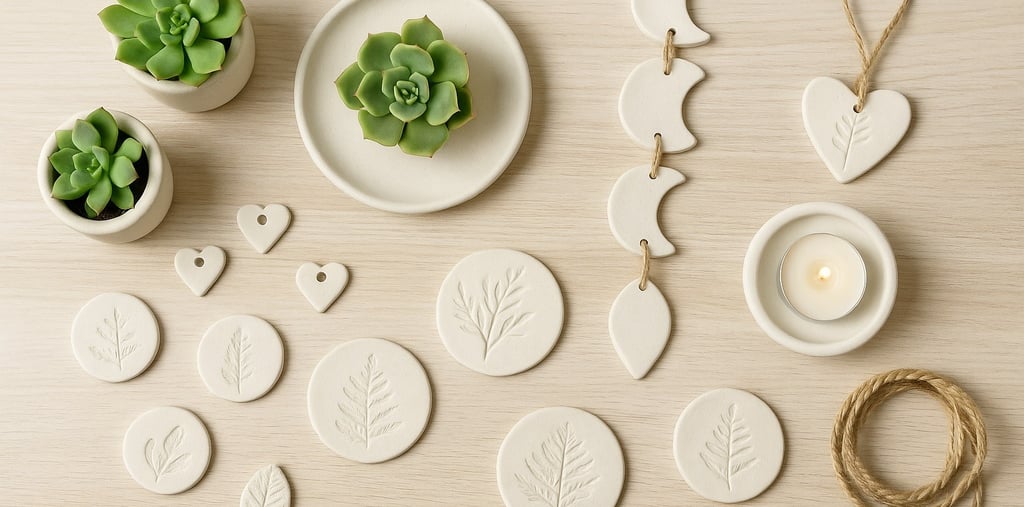 Peças decorativas feitas à mão com cerâmica fria, incluindo vasos, pingentes e porta-velas artesanai