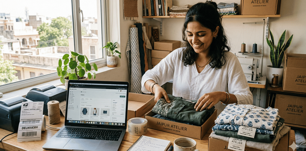 Fashion startup founder packing small batch clothing order from low MOQ manufacturer in India