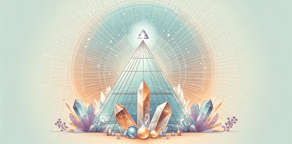 a pyramid with crystals and crystals on a blue background
