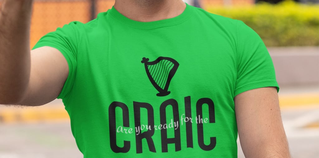 Man wearing a 'craic' t-shirt from www.clickncollecte.co.uk