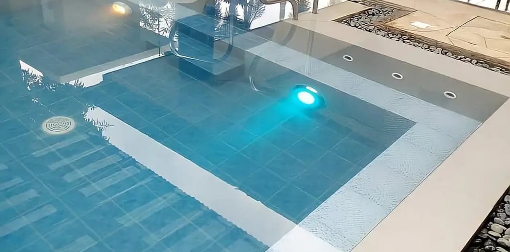 Penerangan LED menambah estetika kolam renang malam hari.