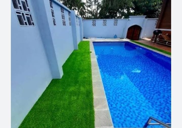 Kolam Renang minimalis dengan dekorasi rumput sintetis di area tepi