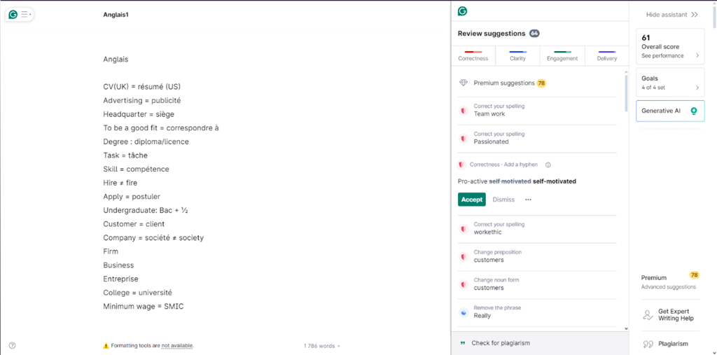 Grammarly: The image above displays a list of different errors in the document on the right side.