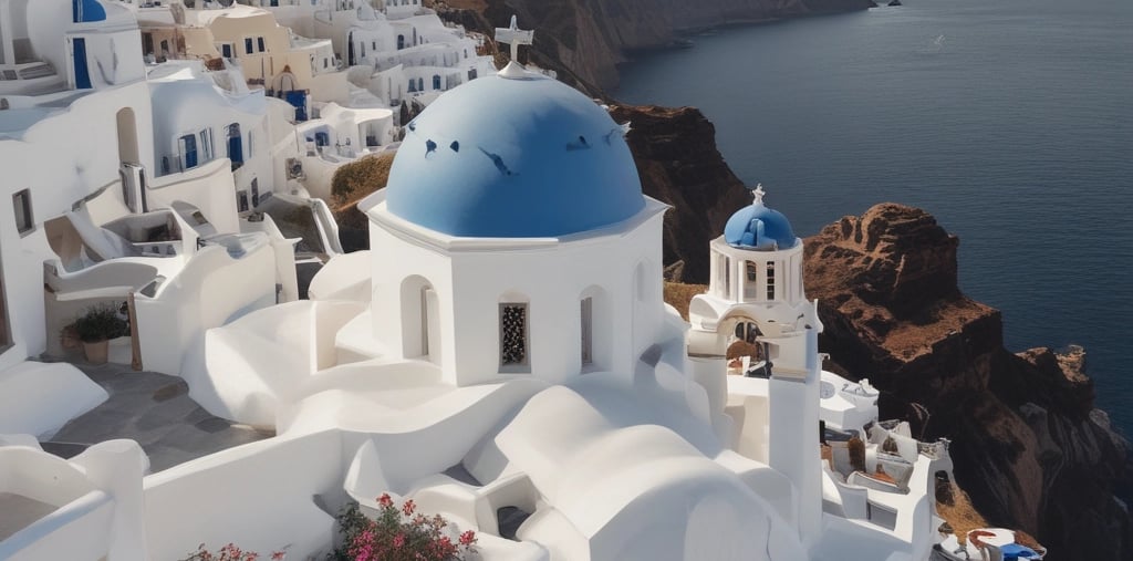 The beautiful blue church domes in Santorini and white houses, Greece travel