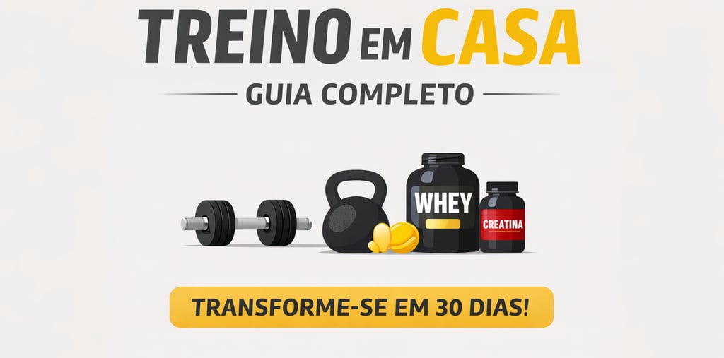 Guia completo de treino em casa com halteres, kettlebell, whey protein e creatina para transformação fitness.