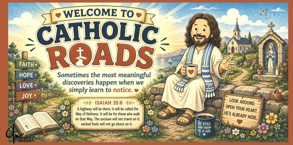 Cartoon style banner welcoming visitors to the Catholic Roads website.