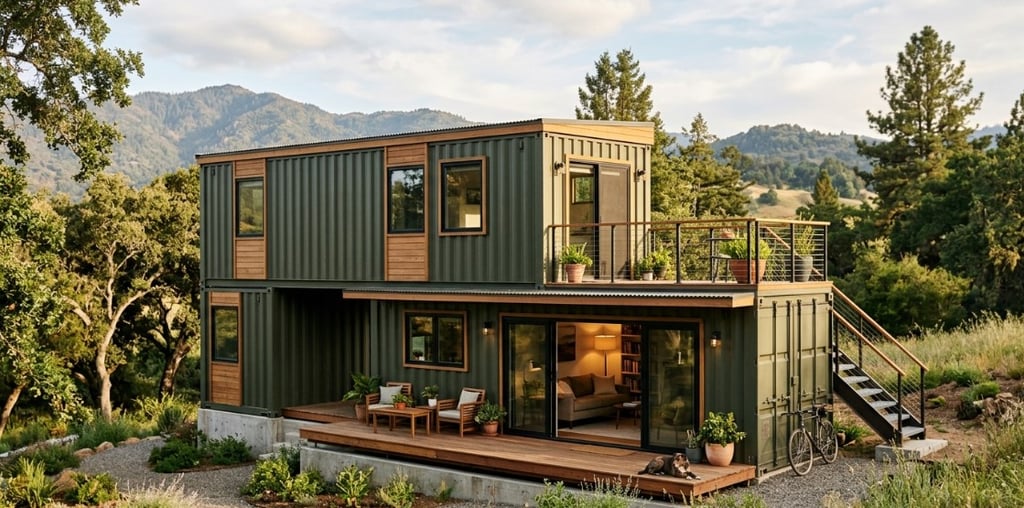 Casa em container com dois andares, varanda, deck em madeira.